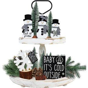 Christmas Tiered Tray Decor - Snowman w/ Buffalo Plaid Ribbon, Wooden Snowflake